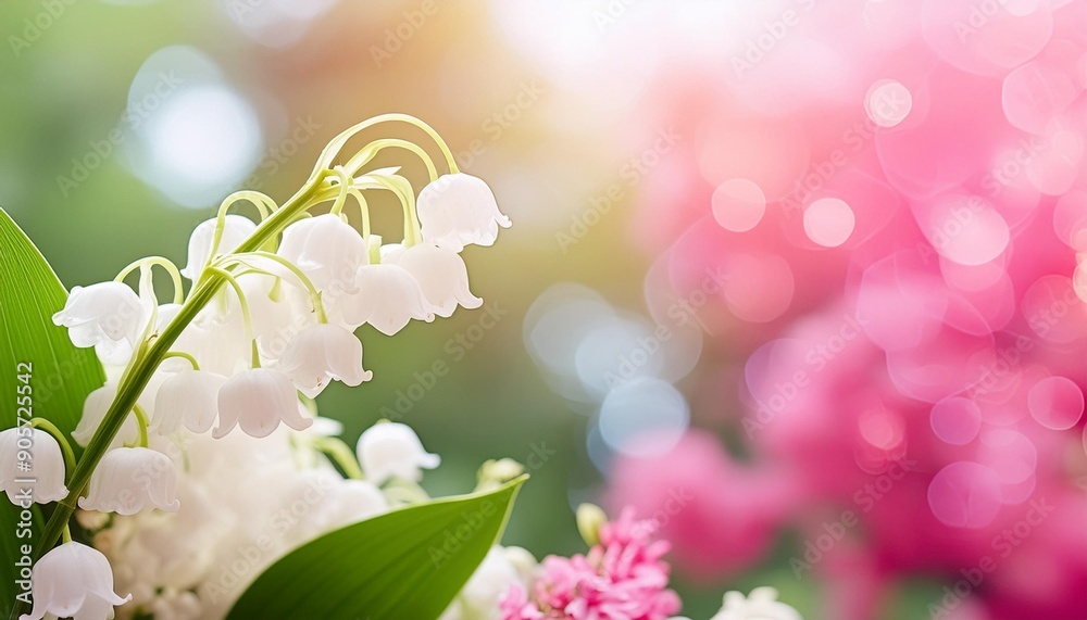 Wall mural lilly of the valley flowers close up on green bokeh background with copy space