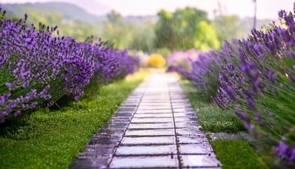 close up of heavy rain on path in park between flowers and lavender