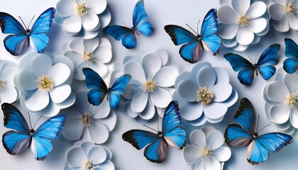 background adorned with a delightful pattern of 3d blue butterflies and elegant white floral blossoms