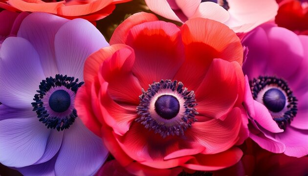 closeup macro background of red pink and purple anemone flowers