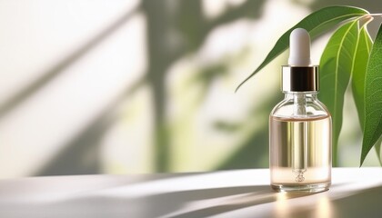 serum cosmetic bottle mockup with leaves shadow from sun natural light from windows product presentation