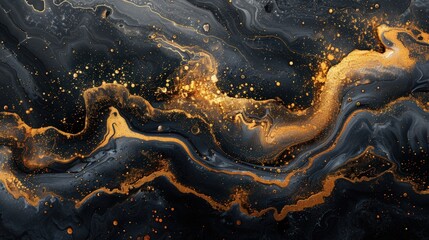 Fototapeta premium A luxurious gold abstract design on a black marble background, featuring intricate paint patterns and fluid watercolor textures, with white ink splashes and a modern oil brush effect
