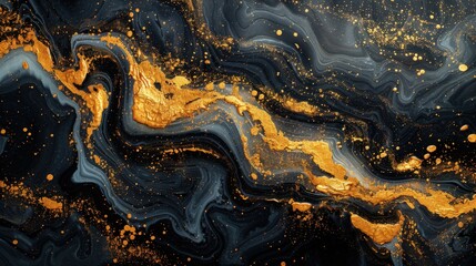 Fototapeta premium A sophisticated abstract design with gold and black marble textures, highlighting fluid watercolor patterns, white ink splashes, and contemporary oil brush effects on a luxury background