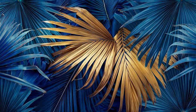 wallpaper made of palm leaves in blue and gold in the style of photorealistic pastiche