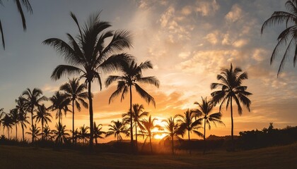 Obraz premium tropical sunset with palm tree silhouette panorama