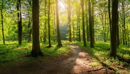 green forest and path in spring at sunlight poland