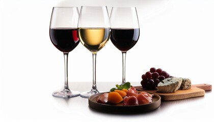 three glasses of wine and a plate of food