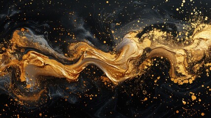 A dynamic gold abstract design on black marble, featuring fluid watercolor patterns, white ink splatters, and contemporary brush strokes, creating an elegant and high-end background