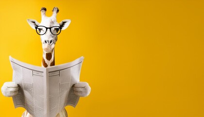 a giraffe wearing glasses reads a newspaper against a bright yellow background