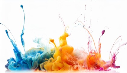 abstract colorful paint splashes isolated on white background acrylic paints in water