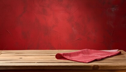 background with wooden table tablecloth and grunge red wall