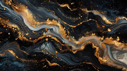 Fototapeta premium An abstract luxury background with gold and black marble, showcasing fluid watercolor patterns, white ink splatters, and contemporary oil brush effects for a modern, artistic touch