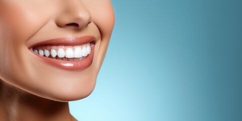 Fototapeta premium focused Woman mouth smile on blury medical blue background with copy space, copy space