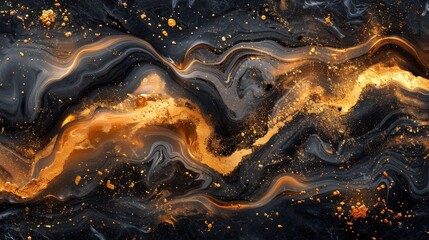 A high-resolution gold abstract design on black marble, featuring fluid paint patterns, watercolor textures, and white ink splashes, creating an elegant and modern background