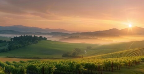 Fototapeta premium Sunrise Over Rolling Vineyards in Tuscan Countryside
