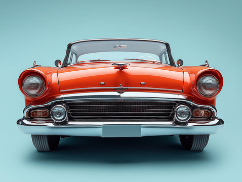 Naklejki Classic orange vintage car front view displayed against soft blue background