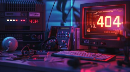 System warning with error "404" displayed on the screen as a computer error message.