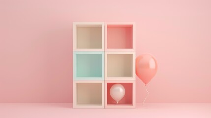 Minimalist Shelf with Pastel Balloons on Pink Background
