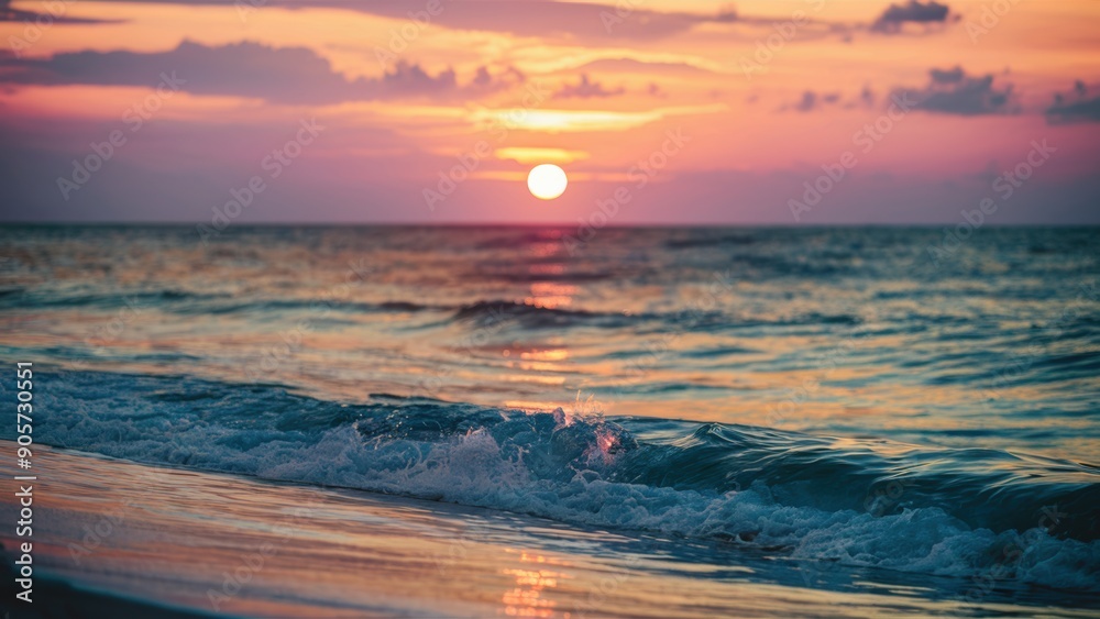 Canvas Prints a sunset over the ocean with a wave breaking on shore, ai