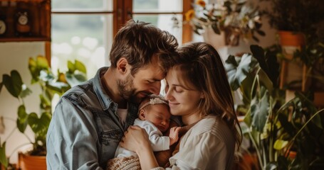 Obraz premium Happy Family Embracing Newborn at Home 