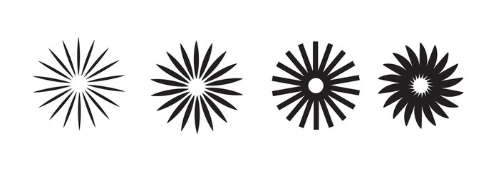 Black radial circle set. Sonar or sound wave ring collection. Halftone and linear epicentre, target, radar icon concept. Ripple concentric signal vibration elements. Vector dashed and dotted symbols 