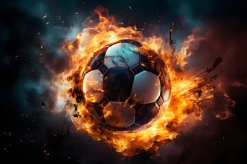 Fototapeta premium Blazing soccer ball crashing into the goal flames Generative Ai,