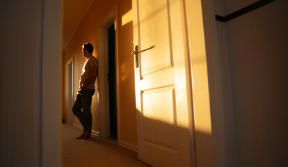 Fototapeta premium Side view photo of young confident man at home in corridor while he leaning on wall with sundown on background