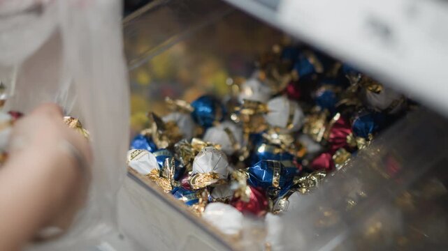View of a hand picking sweets from a box and placing them into a packet in a store. Shot with a handheld camera, capturing the action of selecting candies from a variety of wrapped sweets