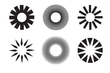 sets Radial circle lines: circular radiating geometric shapes resembling sun rays. Abstract design element. Vector illustration on a white background.