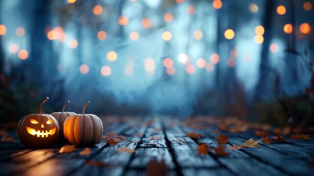 Halloween pumpkin lanterns background with smoke motion and flickering bokeh effect. Spooky halloween night atmosphere in mystic foggy forest. Animated backdrop for celebrating video