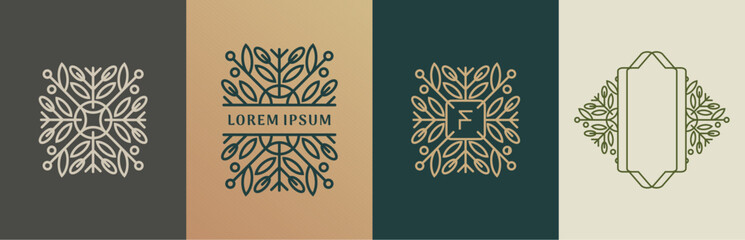 Luxury flowers and leaves logo design. Frames with copy space for text or letter. Abstract vector based creative line style template.