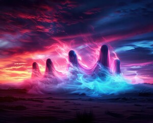 Fototapeta premium Spirit world with floating ghostly figures and misty surroundings, Fantasy, Neon hues, Digital art