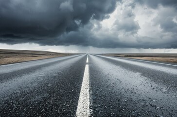 Dramatic Sky Over Lonely Asphalt Road Stretching Into the Distance