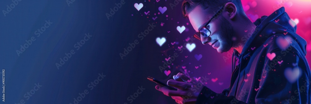 Aufkleber a man interacts with his smartphone, absorbed in social media as colorful like icons float around hi