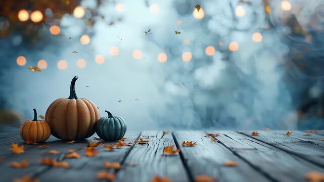 Two pumpkins standing on fallen leaves at blurry forest background with bokeh effect. Fall mystic frame with copy space with moving cloud of fog. Title screen for halloween video clip.
