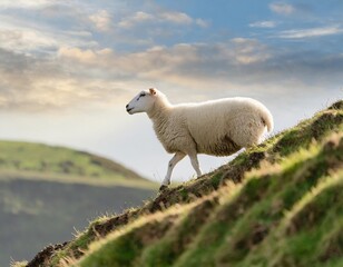 Fototapeta premium A white sheep walks up a hill. The ewe seen from the side. Selective focus, Sky and Field in the background.