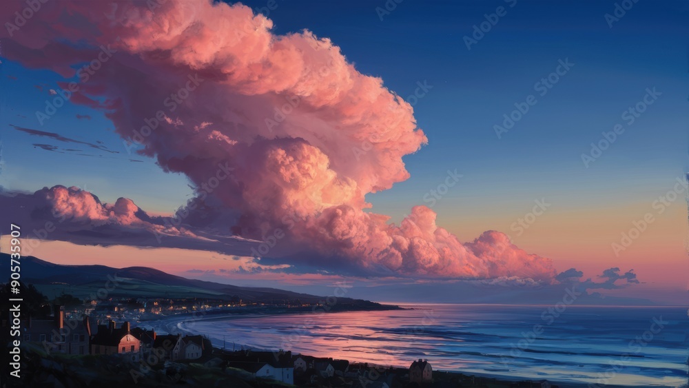 Canvas Prints A painting of a sunset over the ocean with clouds in it, AI