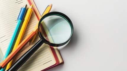 Textbook with colorful bookmarks and magnifying glass on white background with copy area