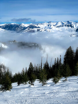 Sun Valley, Idaho morning mountain top, high elevation ready for ski run with fresh powder