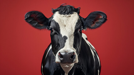 portrait of a domestic black and white frisian holstein cow on a vivid bright red background