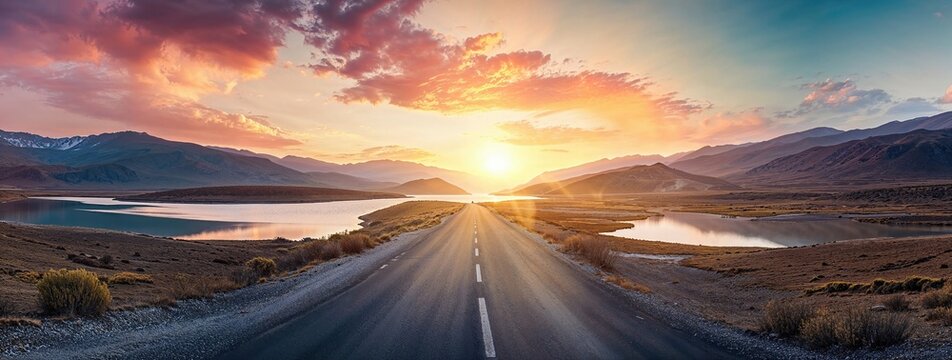Lake District Panorama Photo with Road stretching out into the Distance. Beautiful Mountain Scene at Sunset.