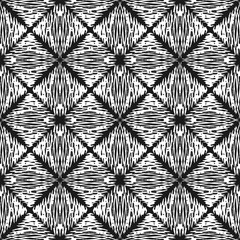 Seamless pattern with diagonally oriented hatched white squares on a black background. Vector illustration