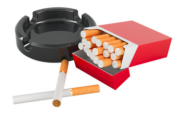 Pack of cigarettes with ashtray, 3D rendering isolated on transparent background