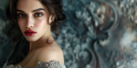 A glamorous woman showcases elegance at a formal gala, adorned in an exquisite dress against a beautifully detailed backdrop.