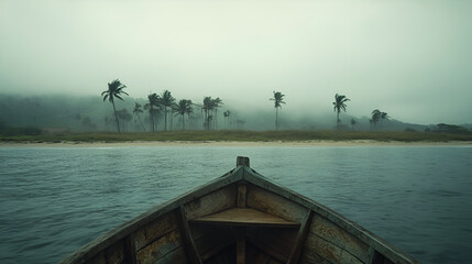 Wooden Lifeboat Approaching a Beach: Photorealistic Gloomy Scene with Sparse Palm Trees