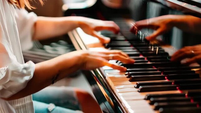 Woman Playing Piano Keyboard Musically at Home in Fashionable Clothes Reflection Footage. Female Pianist Practicing Music, Hobby, Leisure Time Art Video Clip