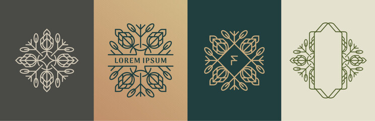 Luxury flowers and leaves logo design. Frames with copy space for text or letter. Abstract vector based creative line style template.