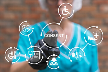 Medical informed consent paper document. Agreement with doctor and patient in clinic. Information...