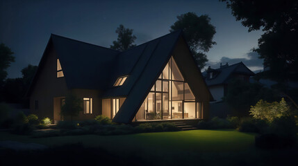 Modern economy house with a gable roof with a garden at night. HD photo
