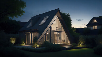 Modern economy house with a gable roof with a garden at night. HD photo